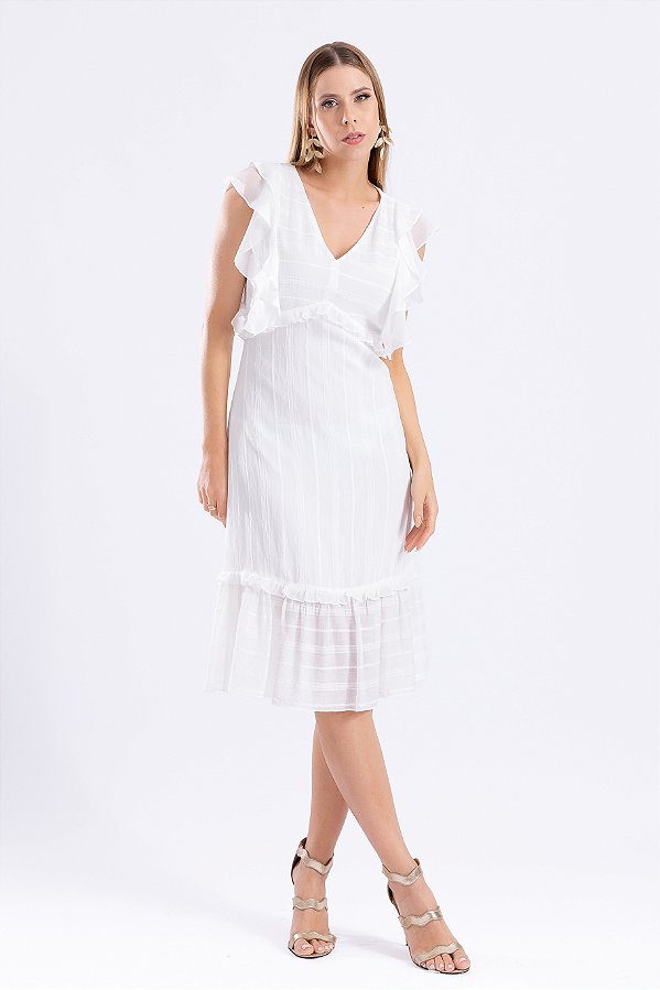 VESTIDO MIDI DECOTE V OFF WHITE AYLA