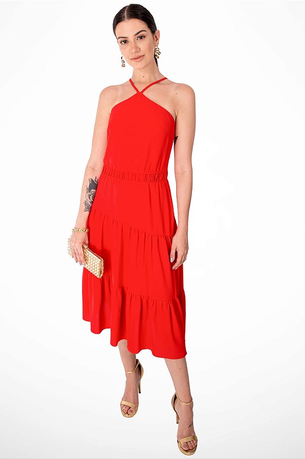 VESTIDO MIDI CREPE VERMELHO ISABELLY
