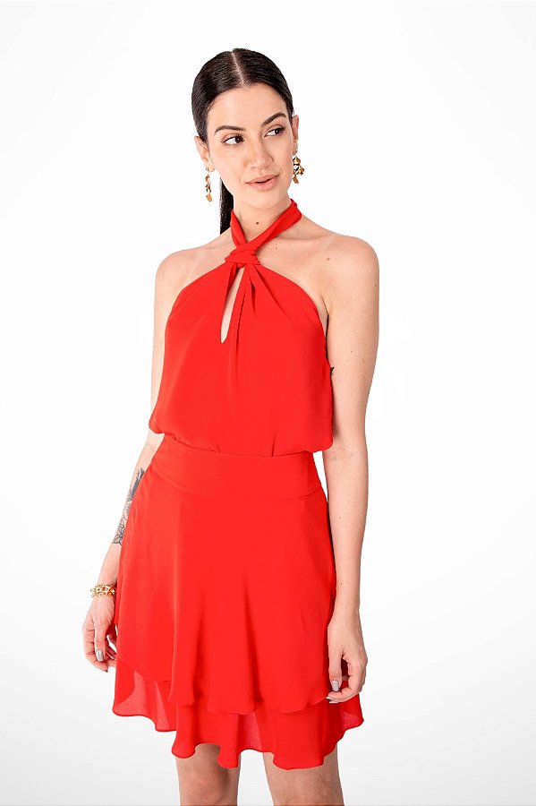 SAIA CURTA CREPE VERMELHA LIVIA