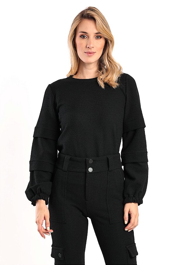 BLUSA TWEED MANGA LONGA PRETO MILENA