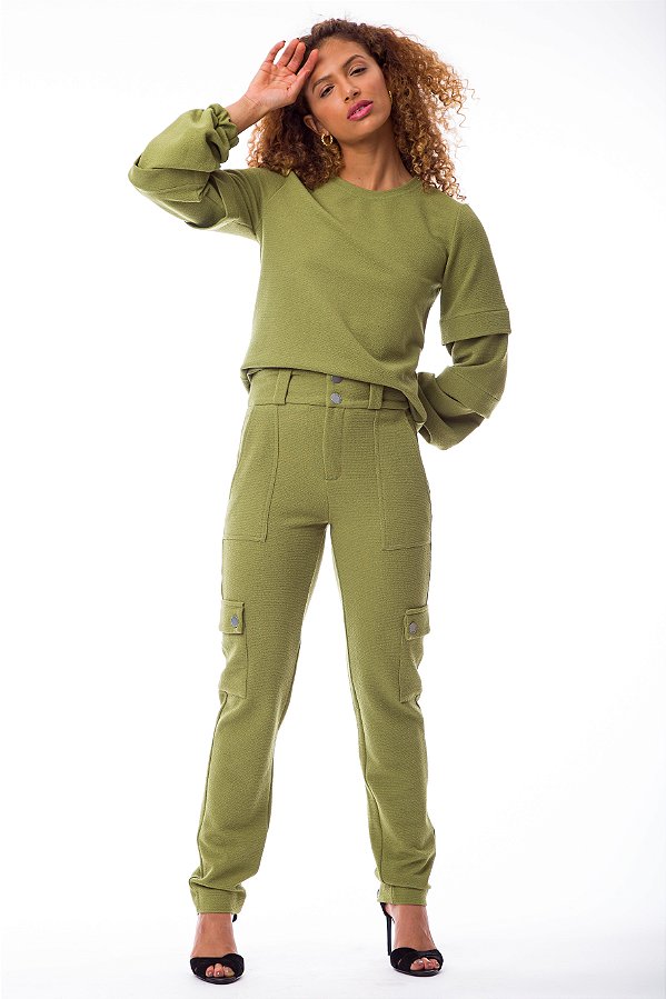 CALÇA RETA TWEED BOLSOS NAS LATERAIS OLIVA MILENA