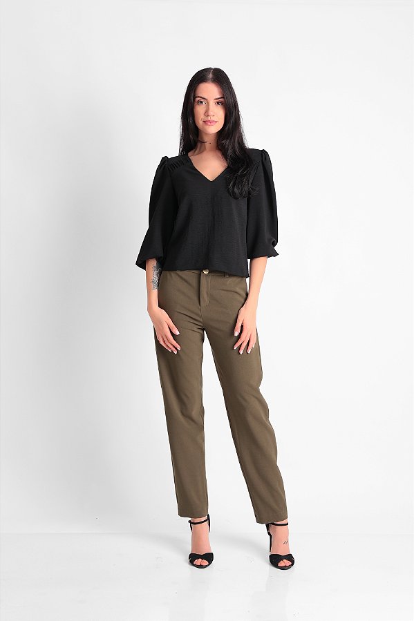 BLUSA  CREPE MANGA 3/4 DECOTE V PRETO JASMINE