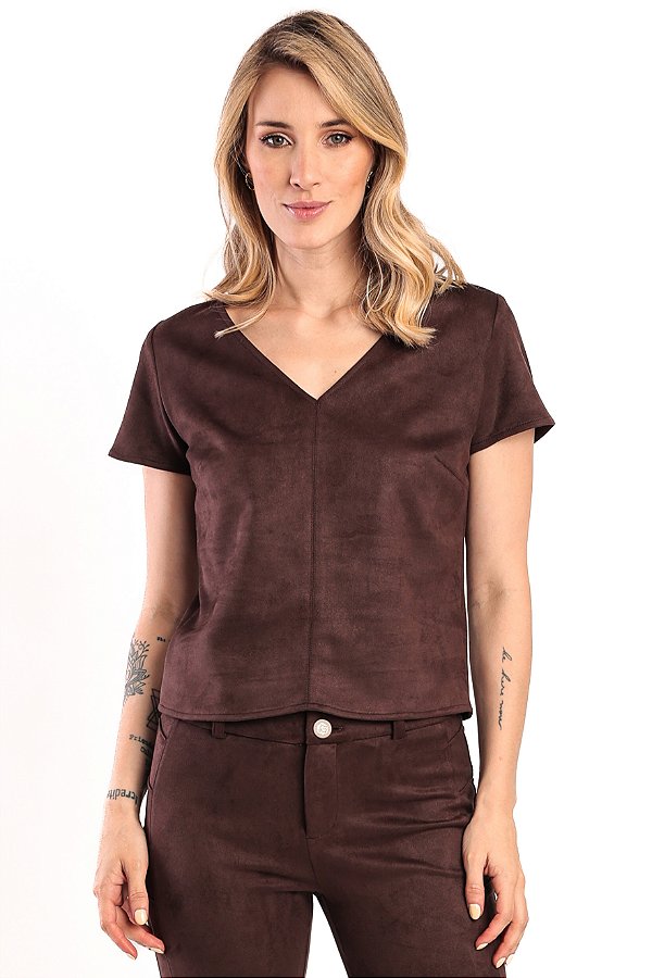 BLUSA MANGA CURTA DECOTE V SUEDE MARROM MARIAH