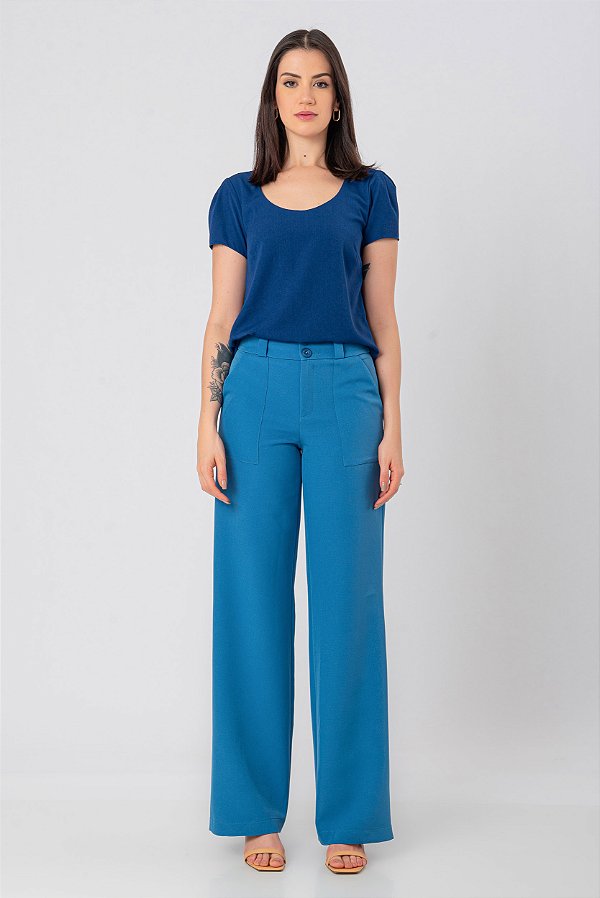 CALÇA RETA CREPE AZUL DORA