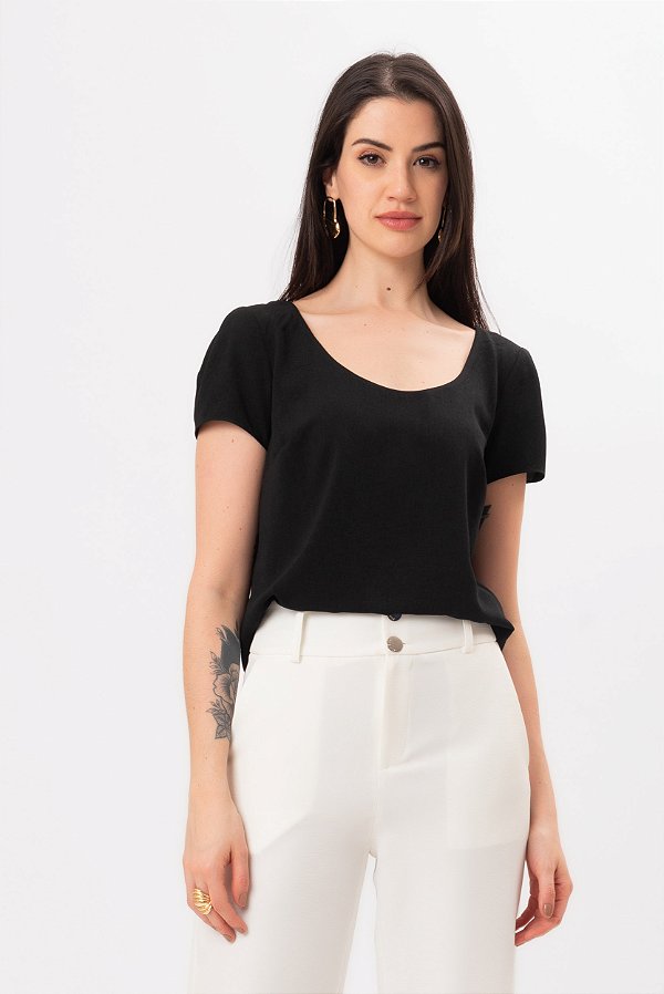BLUSA CREPE MANGA CURTA PRETO ALANA