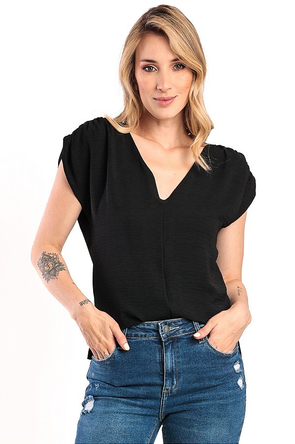 BLUSA MANGA CURTA DECOTE V PRETO MELINDA