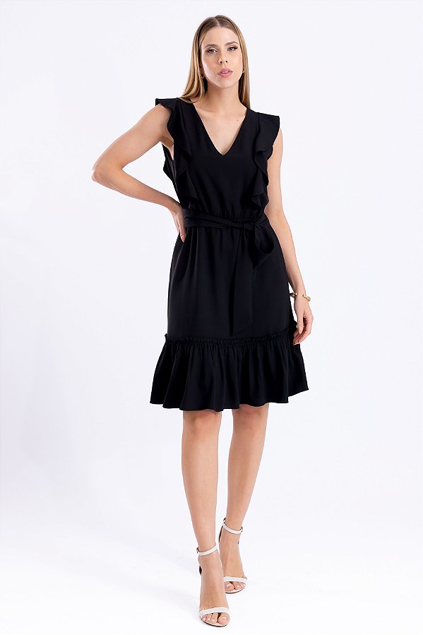 VESTIDO CREPE MIDI DETALHE BABADO PRETO LARA