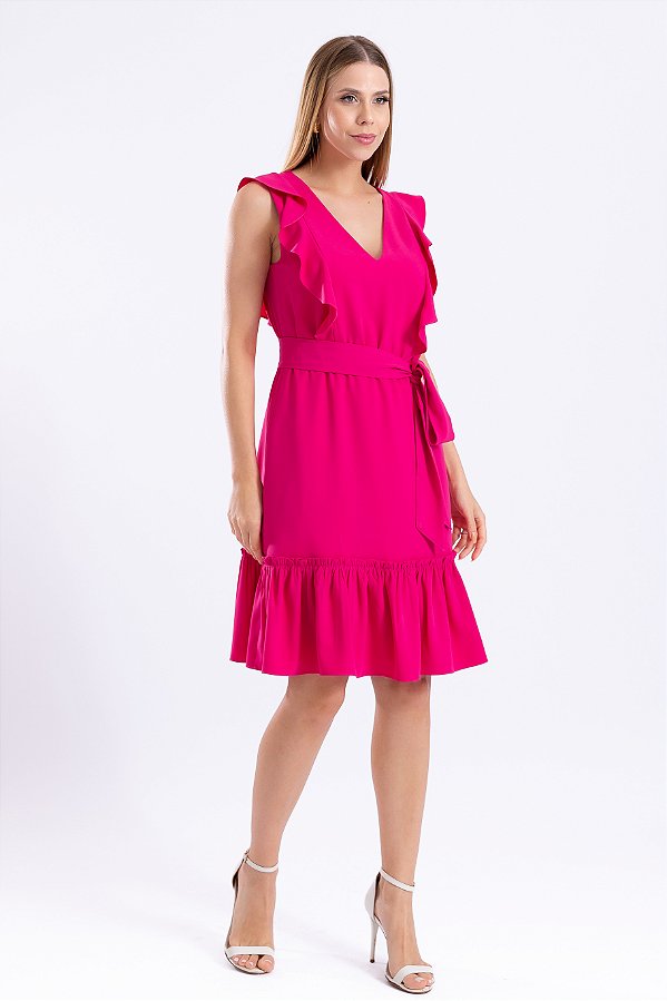 VESTIDO CREPE MIDI DETALHE BABADO ROSA LARA