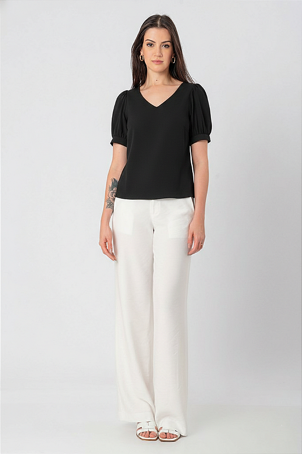 BLUSA DECOTE V CREPE MANGA CURTA PRETO JASMINE