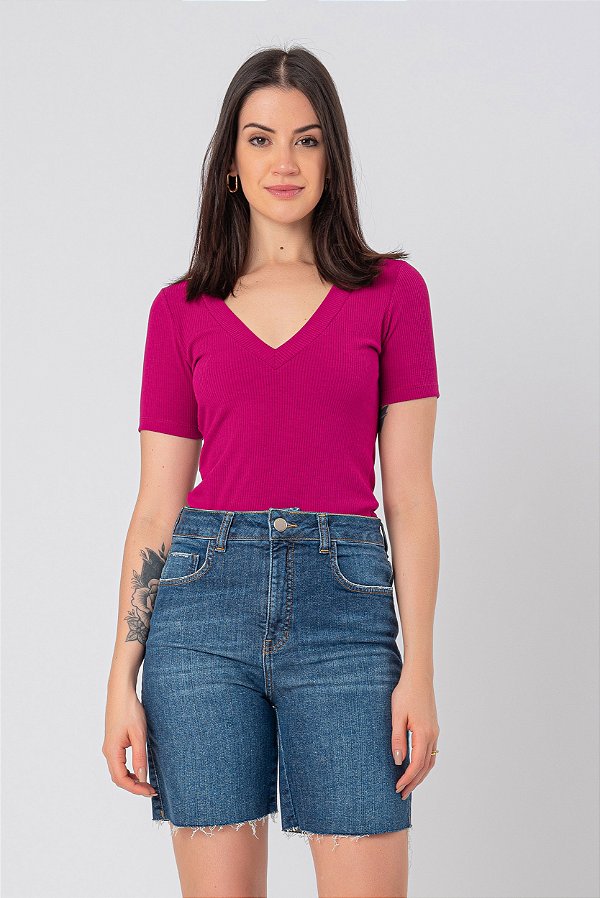 BLUSA MANGA CURTA DECOTE V CANELADA ROSA ELOÁ