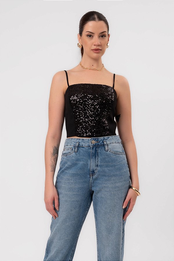 CROPPED CREPE PAETE GLAM PRETO