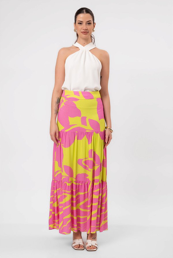 SAIA VISCOSE ESTAMPADA LONGA FLOWER PRINT ROSA