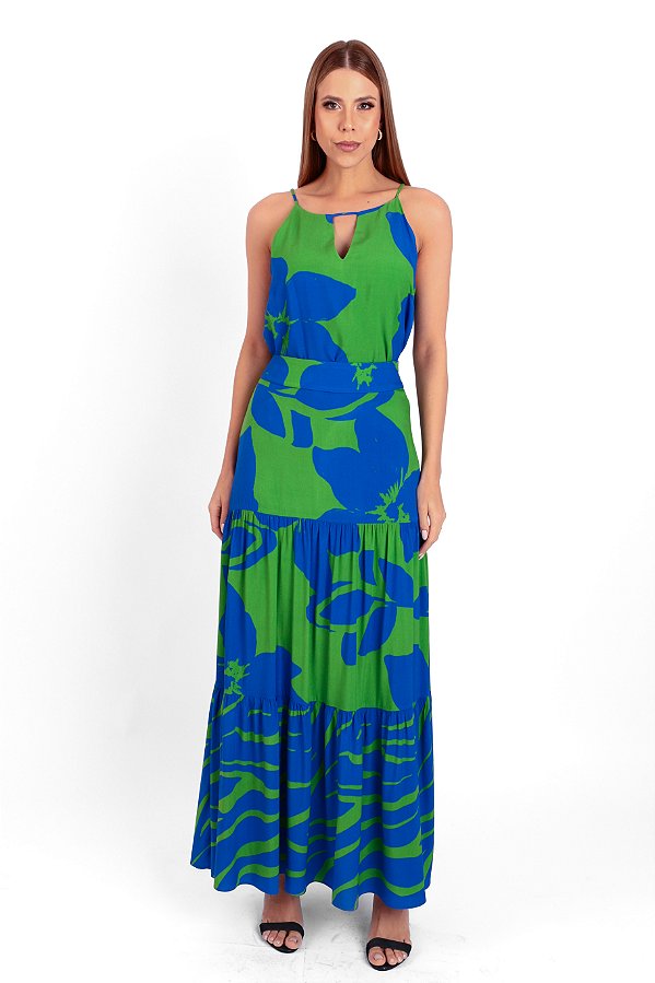 Saia Viscose Estampada Longa Flower Print Azul Feminina