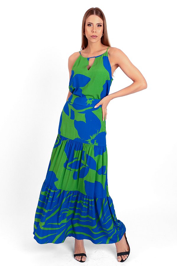 SAIA VISCOSE ESTAMPADA LONGA FLOWER PRINT AZUL