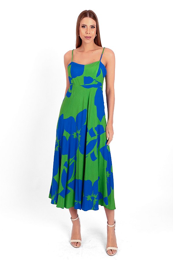 VESTIDO MIDI FLOWER PRINT AZUL