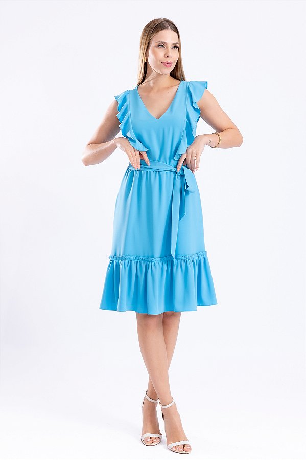 VESTIDO CREPE MIDI DETALHE BABADO AZUL LARA