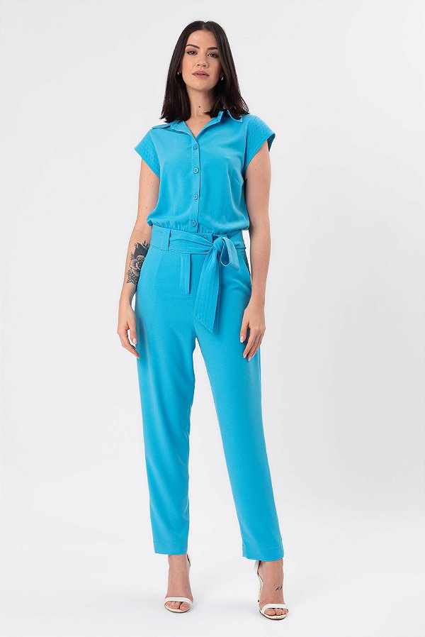 MACACÃO MANGA CURTA CREPE AZUL LISA