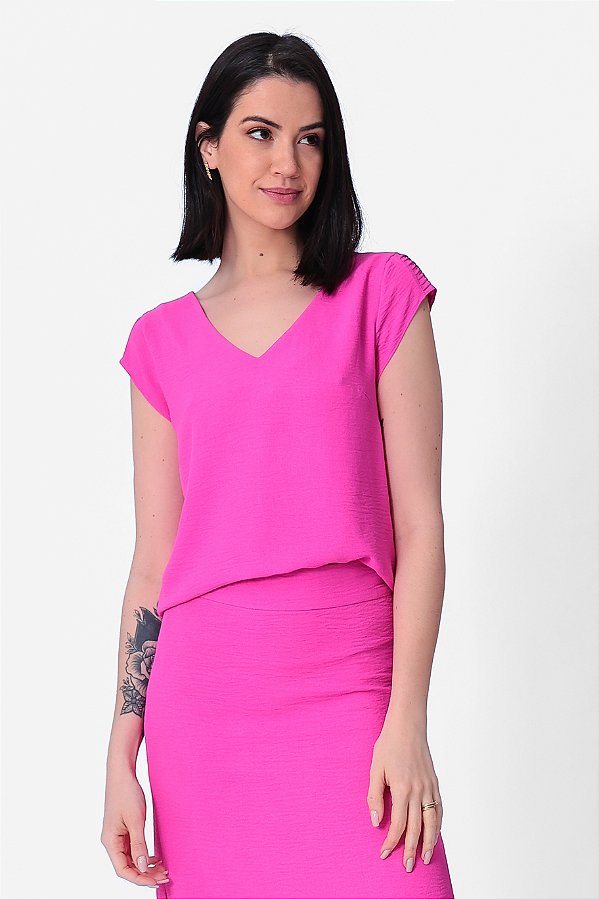 BLUSA MANGA CURTA CREPE ROSA ANA LIZ