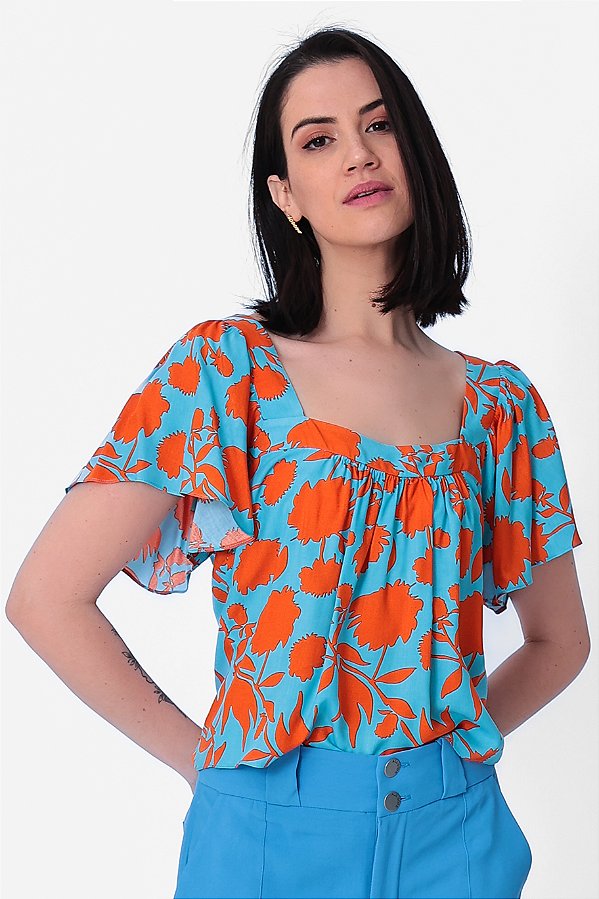 BLUSA MANGA CURTA VISCOSE NATALY AZUL TURQUESA