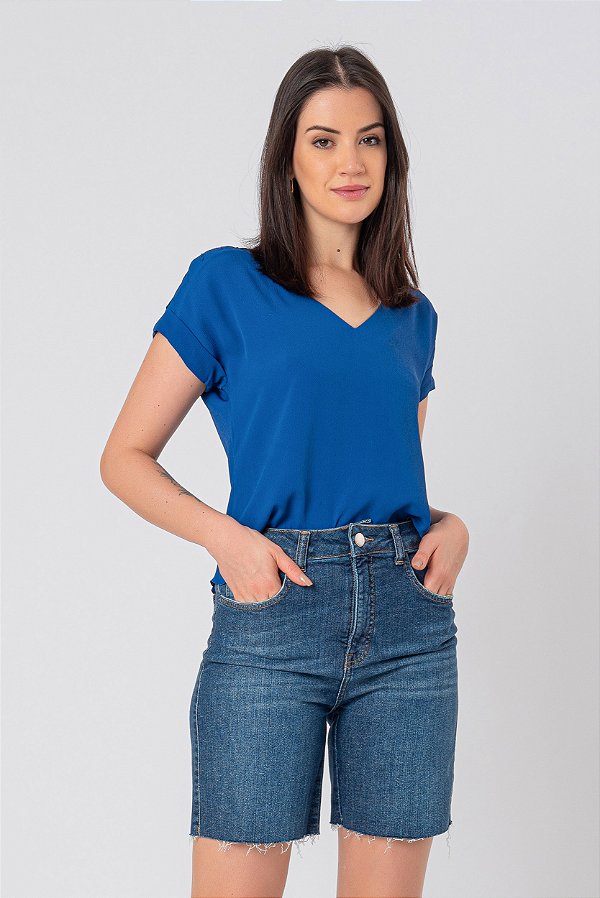 BLUSA MANGA CURTA CREPE AZUL ANA BEATRIZ