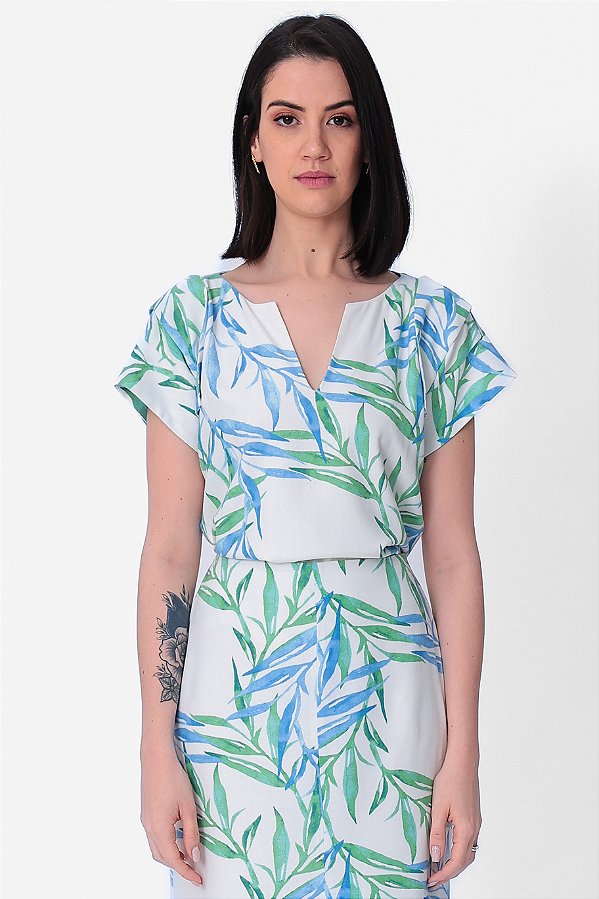 BLUSA MANGA CURTA LINHO NATURAL BLUE
