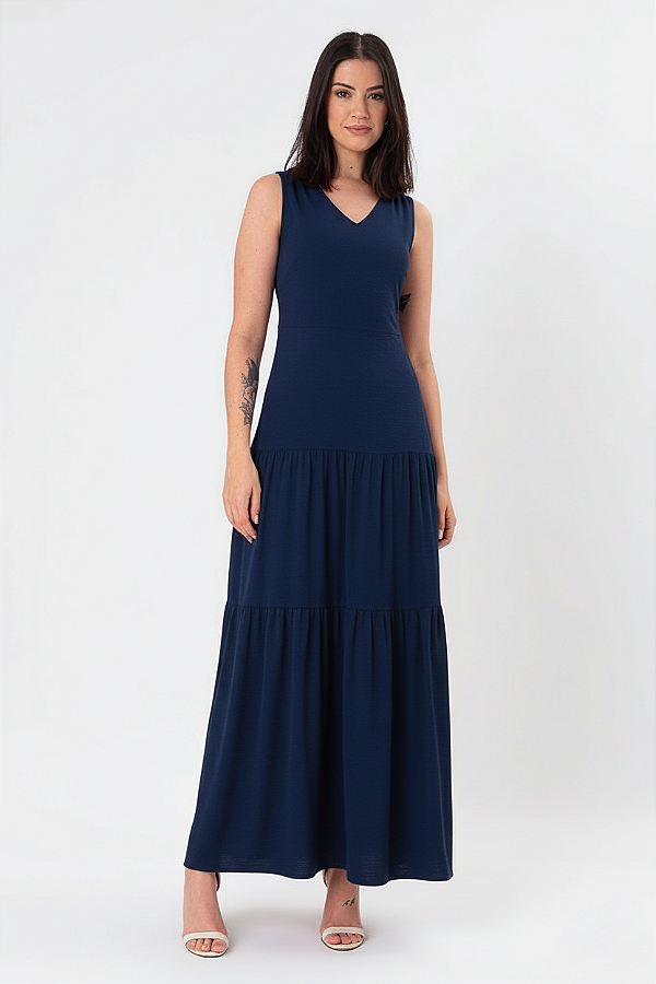 VESTIDO LONGO CREPE AZUL MARINHO ANA LIZ