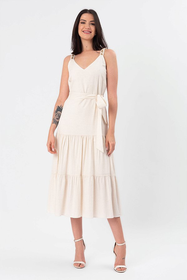 VESTIDO MIDI CREPE NATURAL LENA