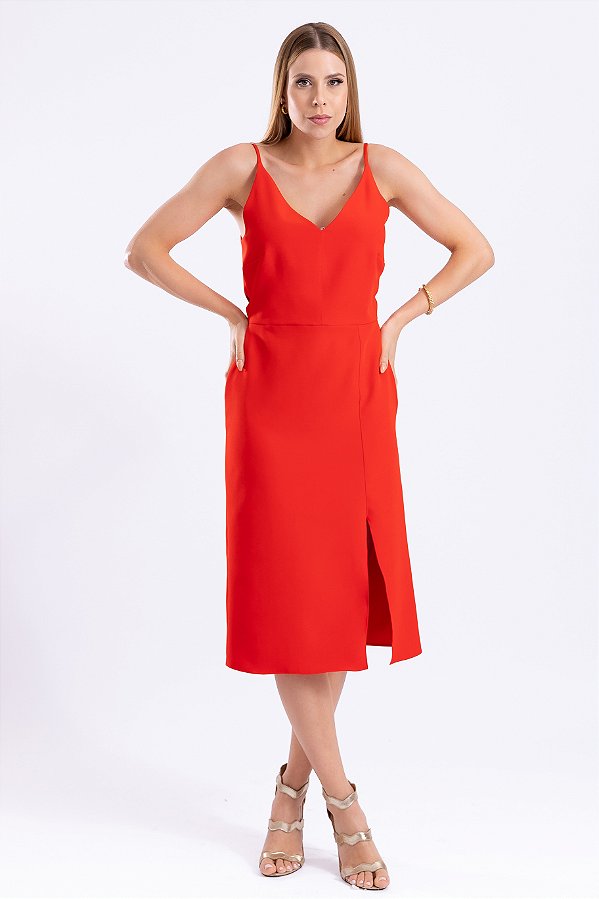 VESTIDO MIDI CREPE VERMELHO CYNTHIA