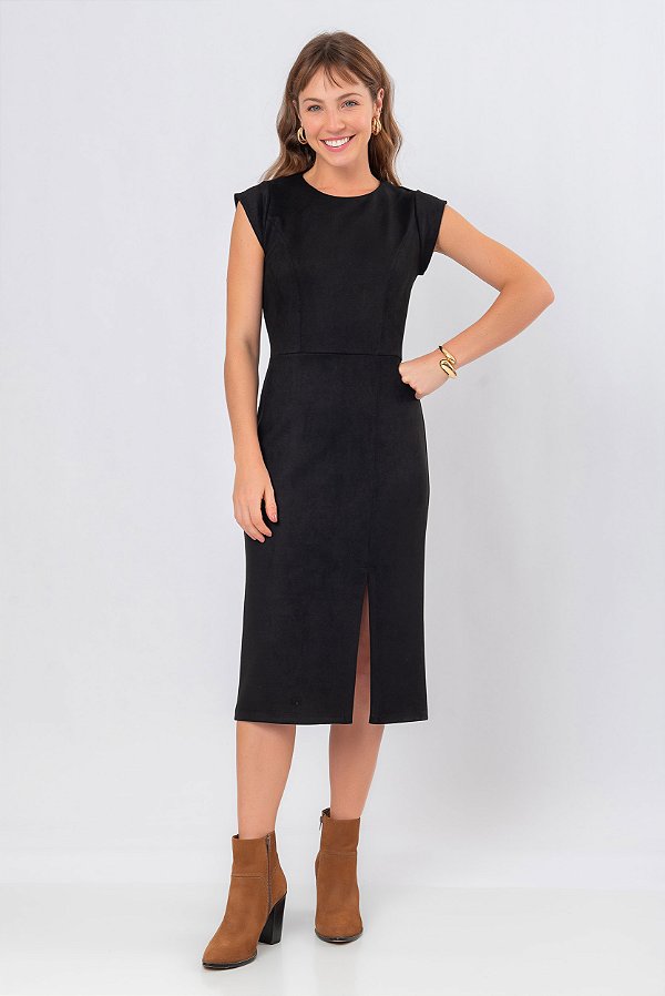 VESTIDO MIDI SUEDE PRETO GABY