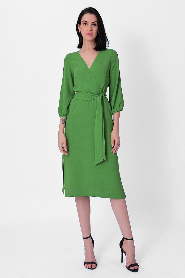 VESTIDO MIDI MANGA 3/4 CREPE VERDE ANA LIZ