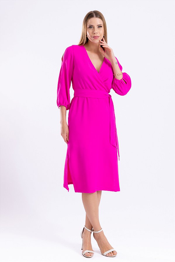 VESTIDO MIDI MANGA 3/4 CREPE PINK ANA LIZ