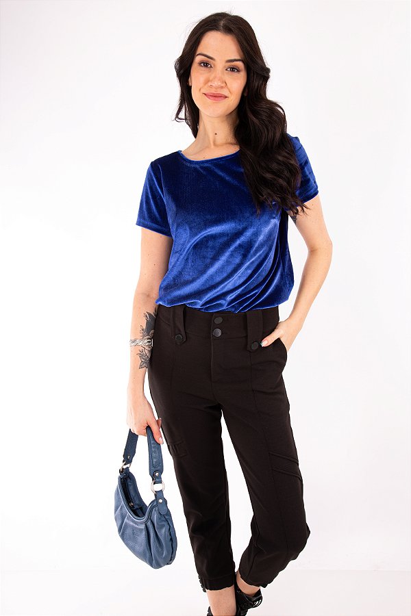 BLUSA MANGA CURTA VELVET SPAN AZUL COBALTO
