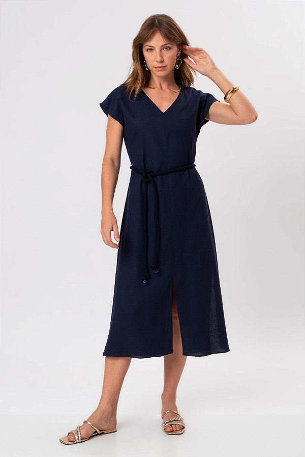 VESTIDO MIDI AZUL MARINHO LINHO WASHED SUSI