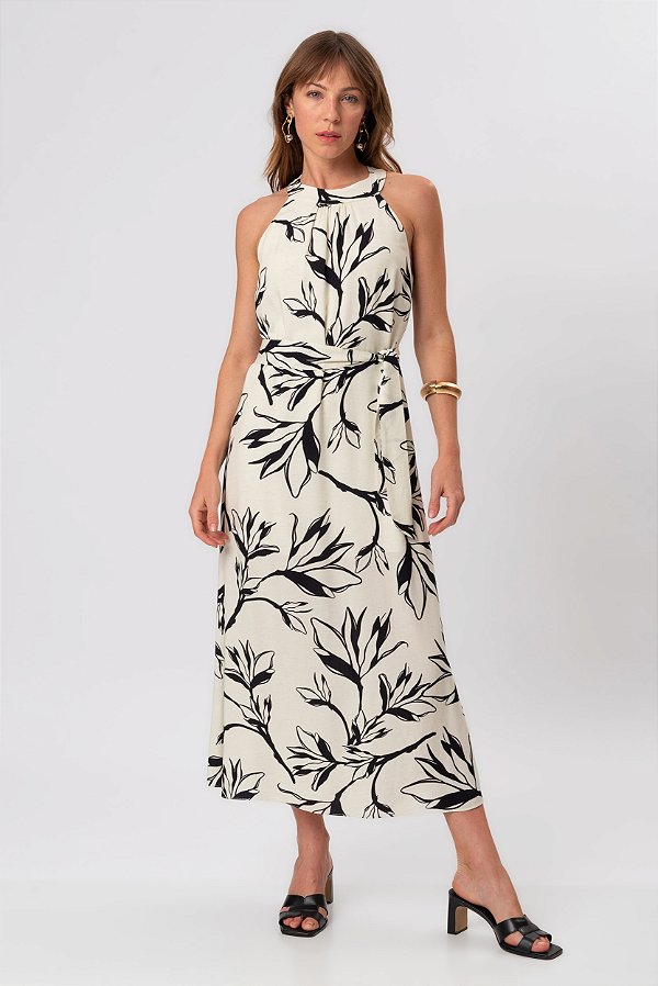 VESTIDO MIDI ESTAMPADO NEW NATURAL P&B