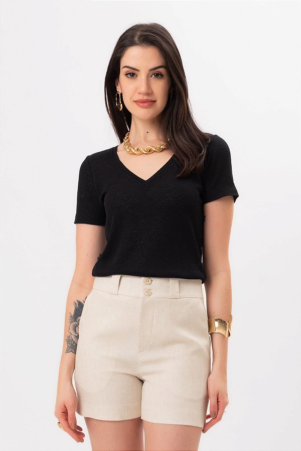 T-SHIRT TRICOT DECOTE V PRETO SOFIA