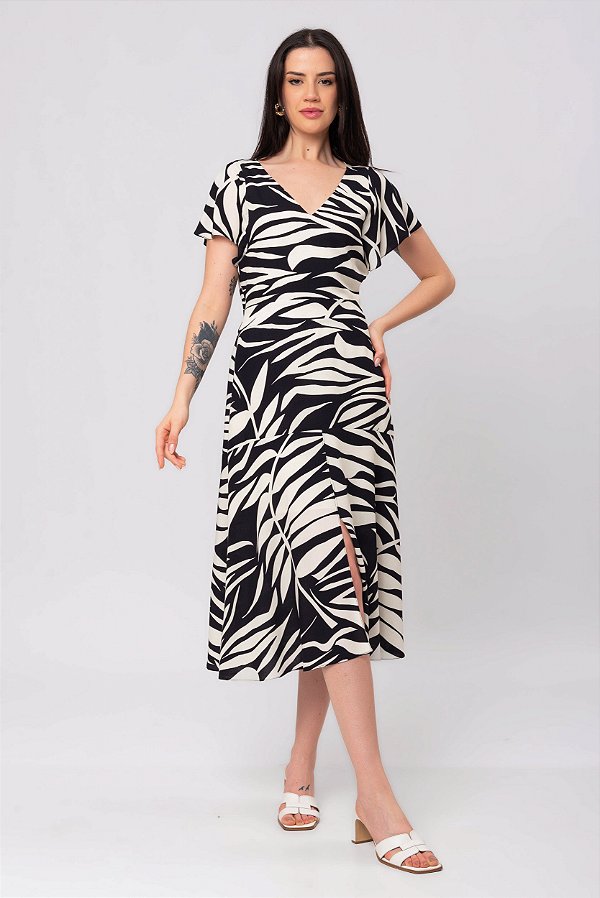 VESTIDO JARDIM URBANO P&B VISCOSE ESTAMPADA