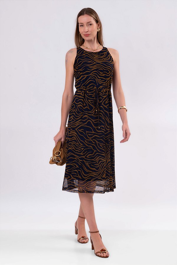 VESTIDO MIDI ESTAMPADO TULE NAVY CAMEL