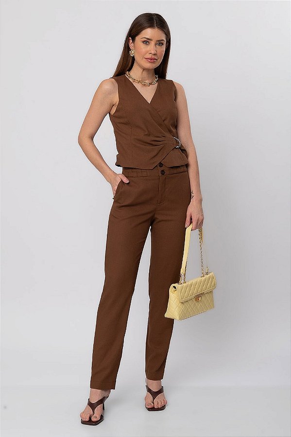 CALÇA SLIM LINEN FLORA MARROM