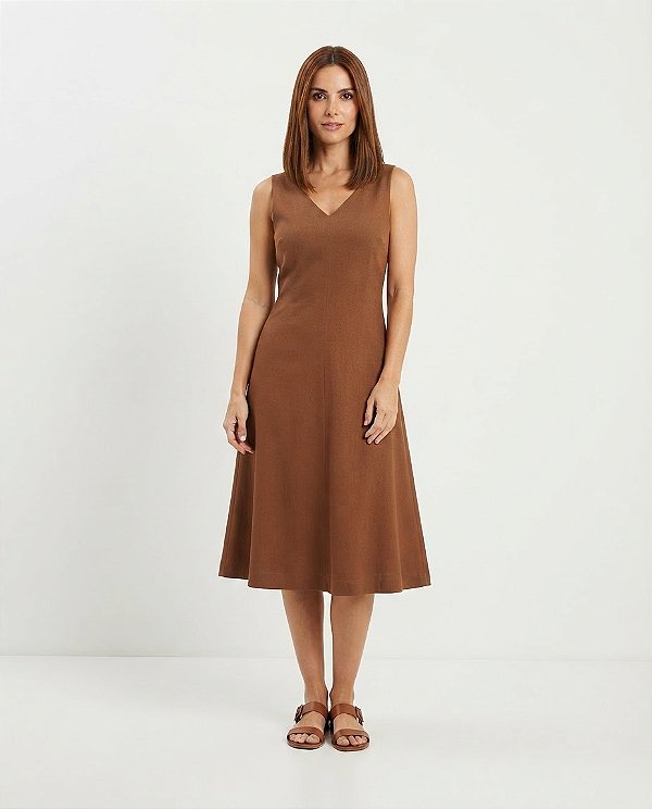 VESTIDO MIDI LINEN FLORA MARROM