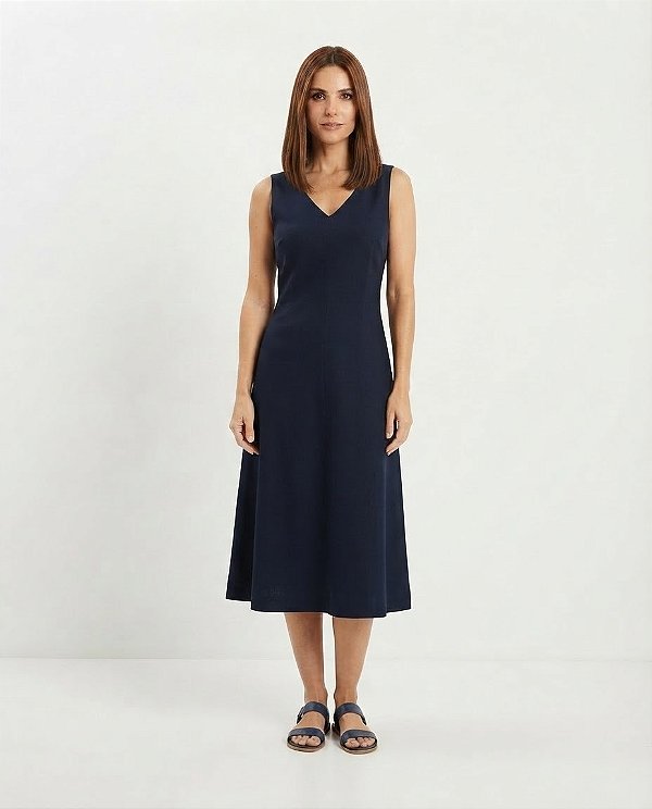 VESTIDO MIDI LINEN FLORA AZUL MARINHO