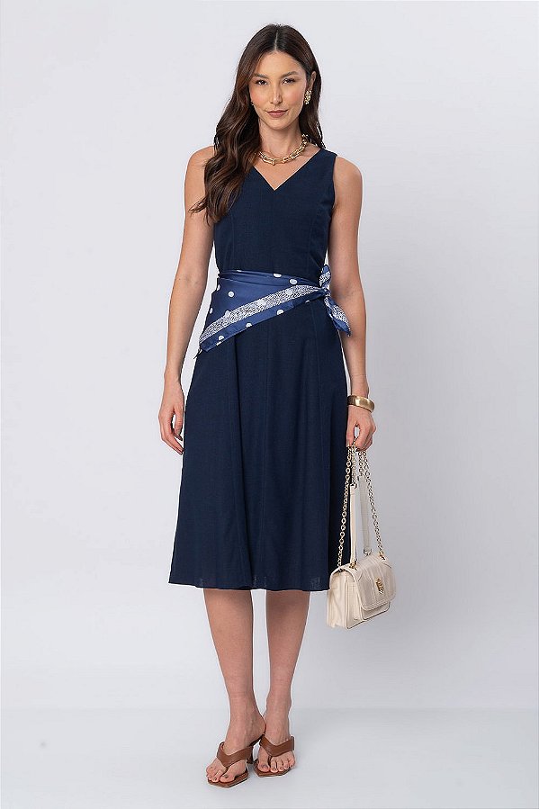 VESTIDO MIDI LINEN FLORA AZUL MARINHO