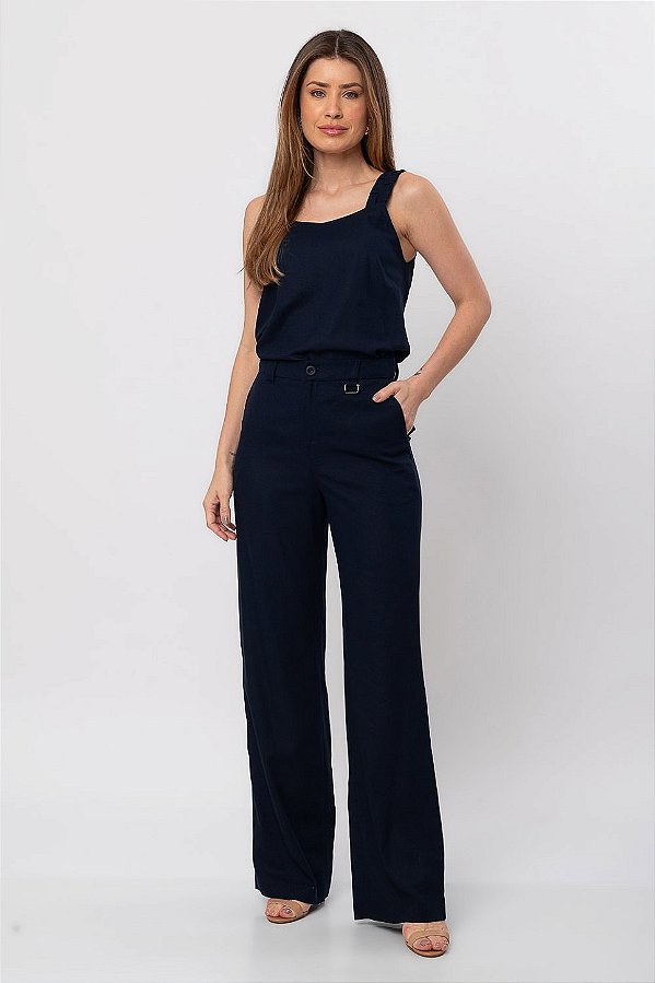 CALÇA RETA LINEN FLORA AZUL MARINHO