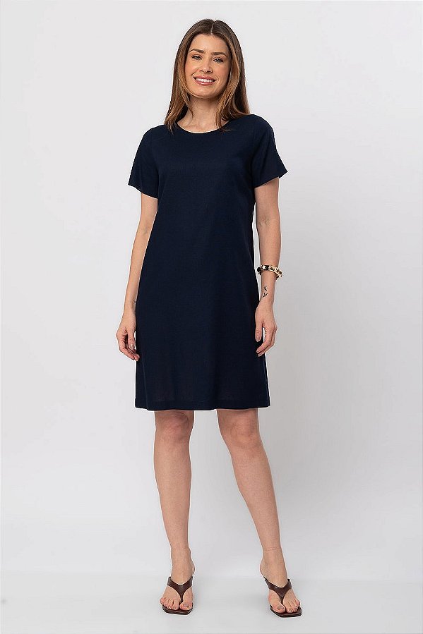 VESTIDO CURTO LINEN FLORA AZUL MARINHO