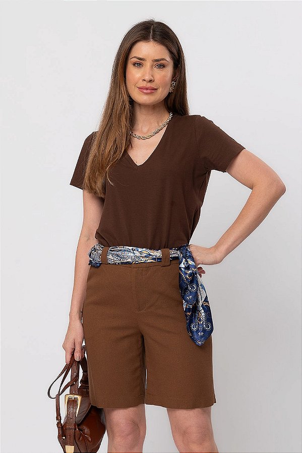 T-Shirt Decote V Cotton Prime Marrom Feminina
