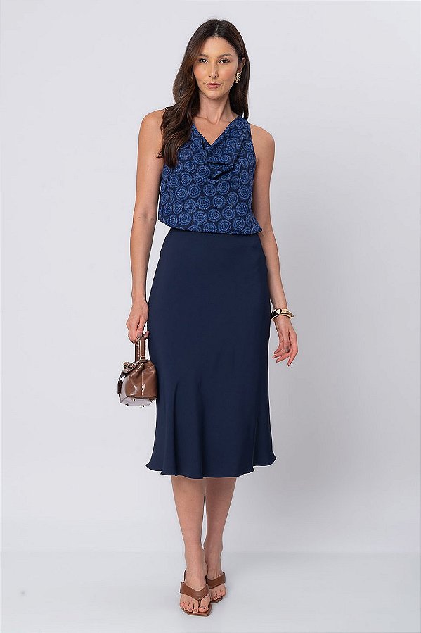 Saia Midi Ana Lívia Azul Marinho Feminina