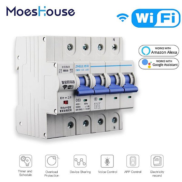 Interruptor inteligente para automação residencial proteção conta sobrecarga/ curto circuito com controle de voz amazona/ alexa 4p e wifi