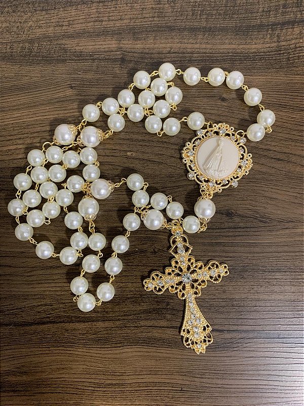 Terço noiva grande Nossa Senhora Aparecida em camafeu dourado