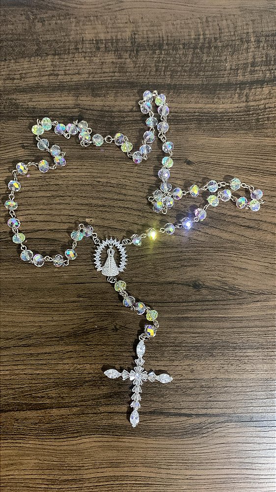 Terço para noiva de cristal  semi  Jóia Nossa Senhora Aparecida banho ouro branco