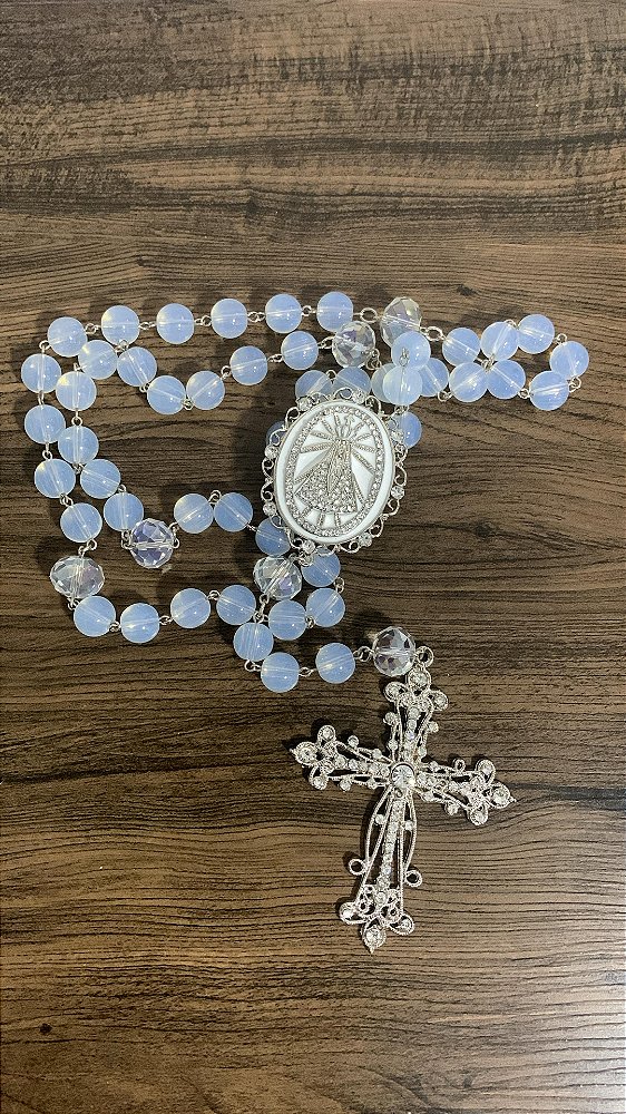 Terço noiva grande Nossa Senhora Aparecida contas em vidro branco
