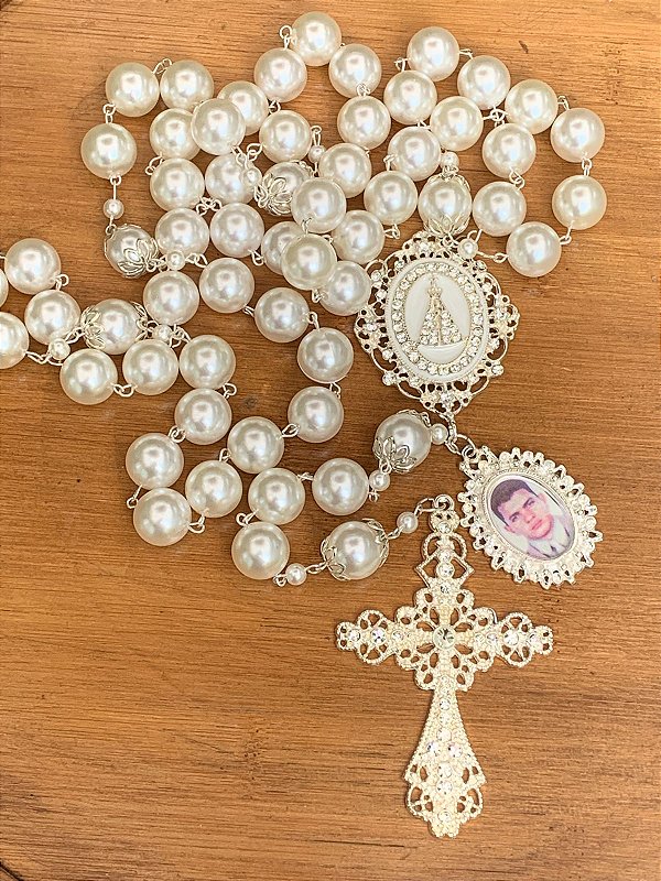 Terço de noiva personalizado com foto pérolas banho de prata